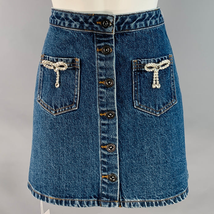 SELF-PORTRAIT Size 4 Diamante Bow Blue Cotton Rhinestones A-Line Mini Skirt