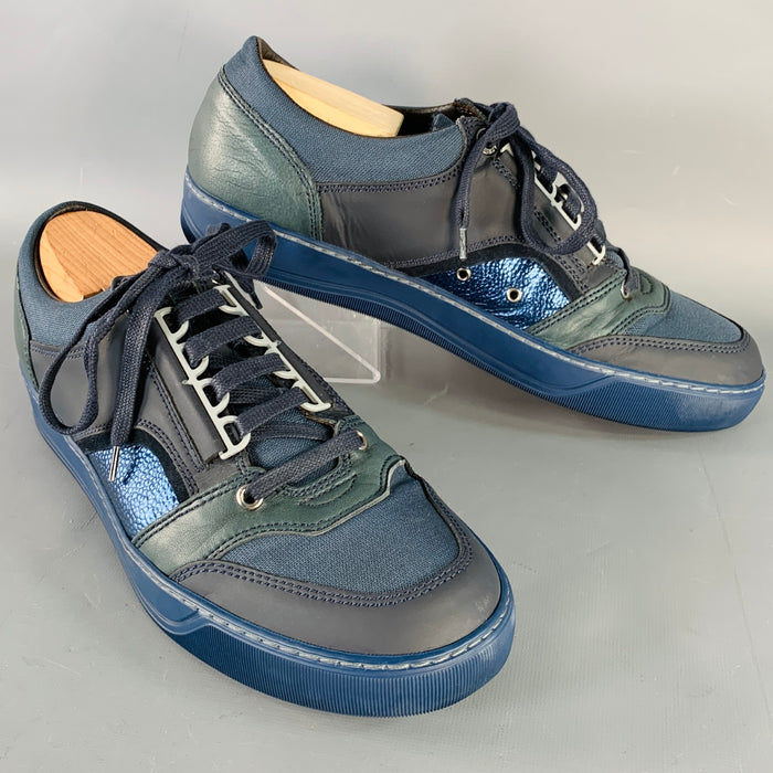 LANVIN Size 8 DBB1 Navy Black Color Block Leather Low Top Sneakers