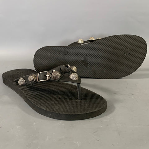 BALENCIAGA Size 11 Black Silver Studded Flip flops Sandals
