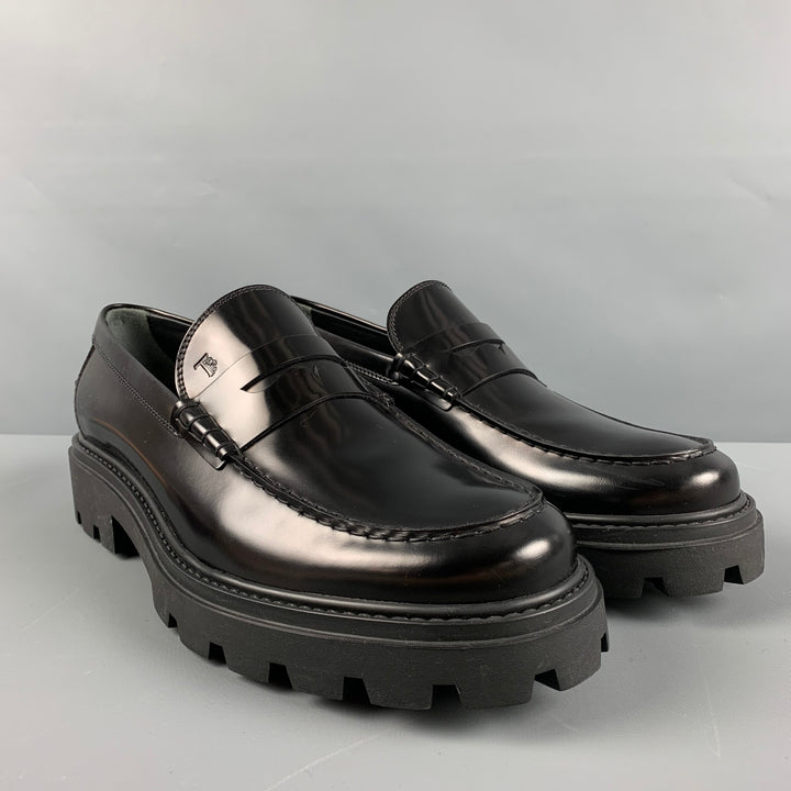 TOD'S Size 11.5 Black Solid Leather Track Sole Loafers