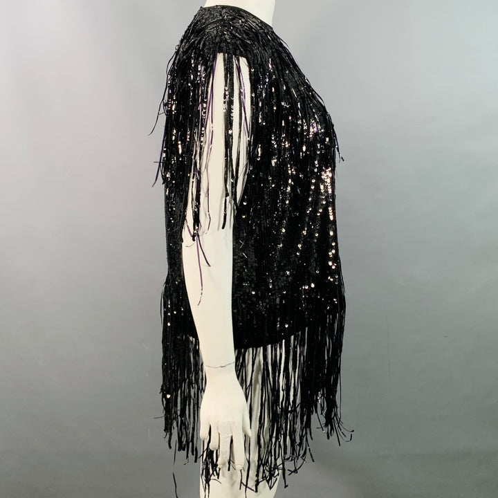 MSGM Size XL Black Polyester Sequined Sleeveless Fringe Dress Top