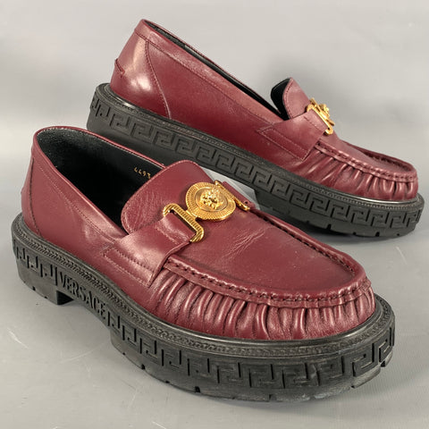 VERSACE Size 8 Burgundy Gold Medusa Leather Loafers