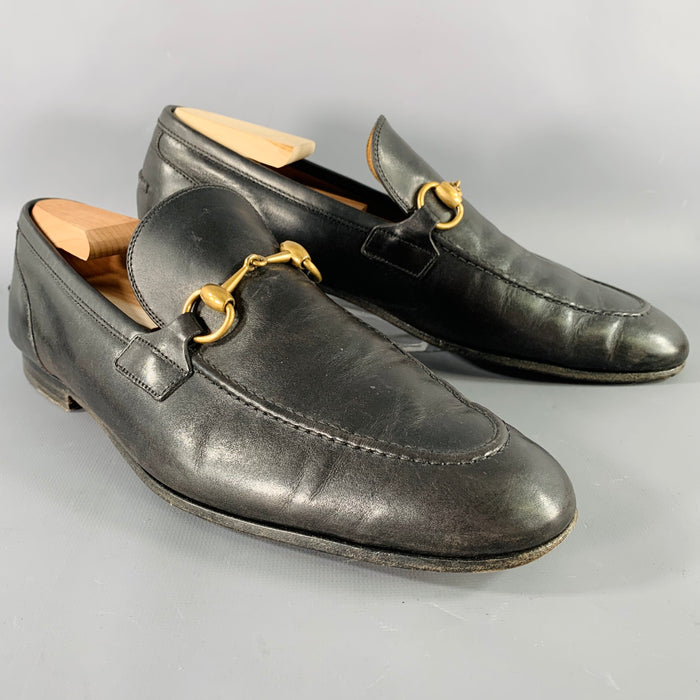 GUCCI Size 9.5 Black Gold Horsebit Leather Loafers