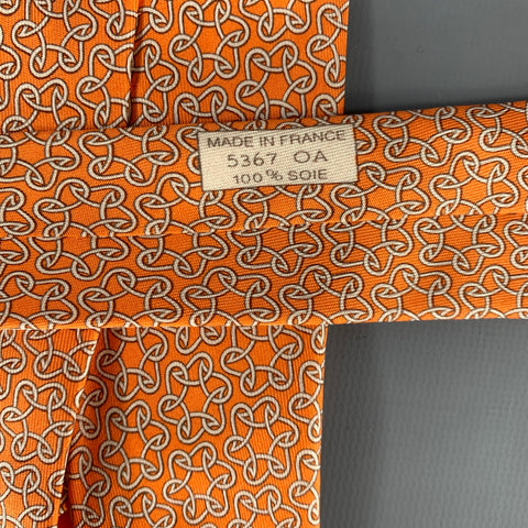 HERMES Orange White Geometric Silk Tie