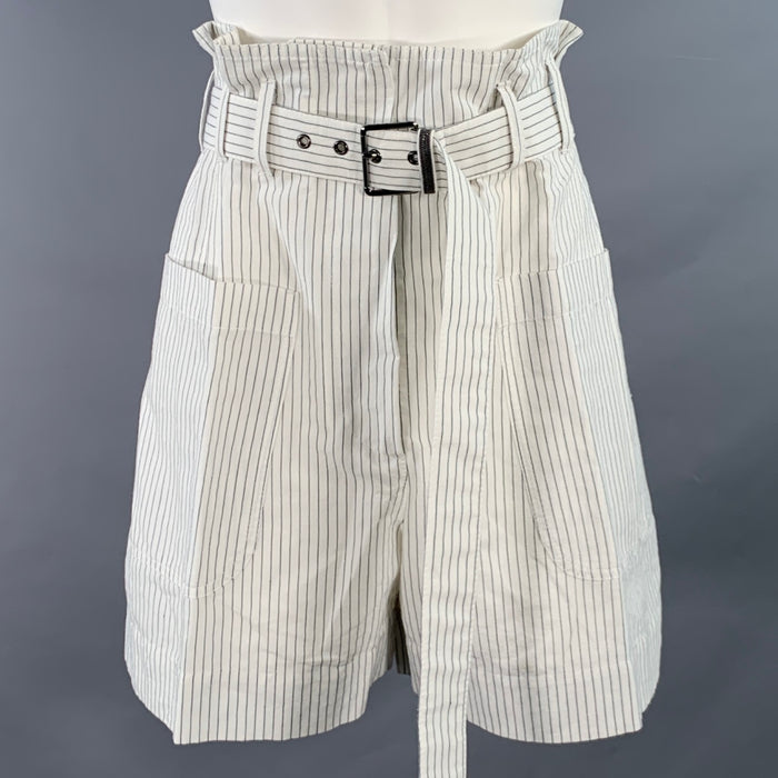 BRUNELLO CUCINELLI Size 8 White Black Cotton Linen Pinstripe Wide Leg Belted Shorts