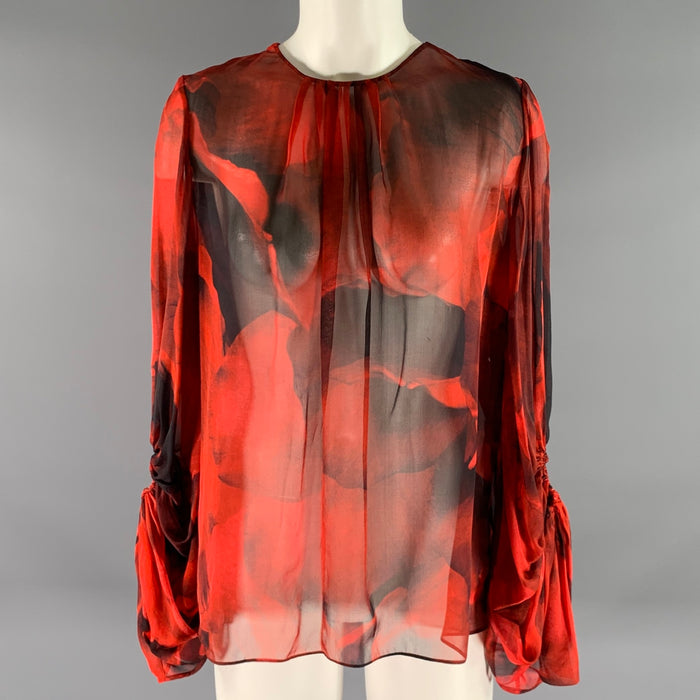RALPH LAUREN Size S Red Black Abstract Chiffon Blouse