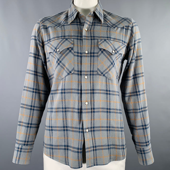 DRIES VAN NOTEN Size L Blue Yellow Plaid Cotton Western Long Sleeve Shirt