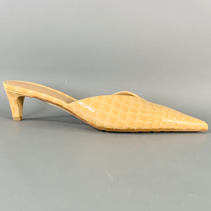 BOTTEGA VENETA Size 10 Punta Beige Croc Embossed Patent Leather Pointed Toe Mules Pumps