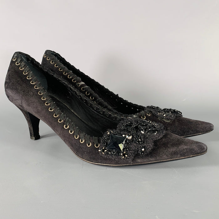 PRADA Size 7.5 Black Suede Beaded Embellishment Heels Pumps