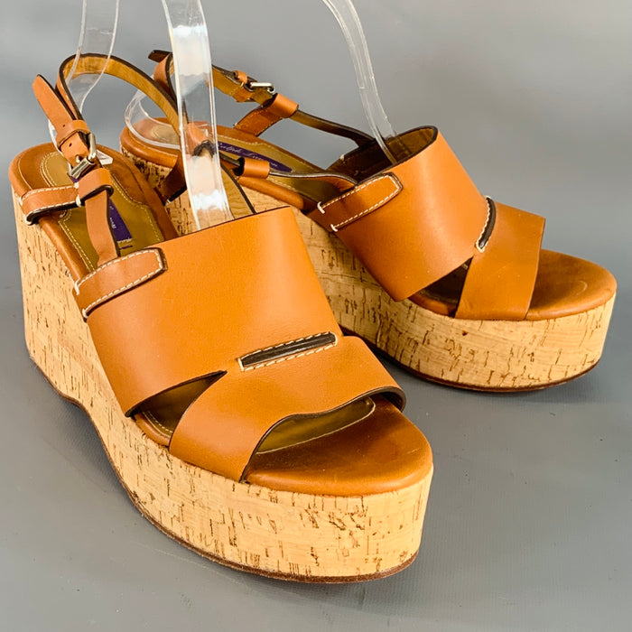 RALPH LAUREN Size 10 Tan Beige Leather Slingback Platform Wedge Sandals