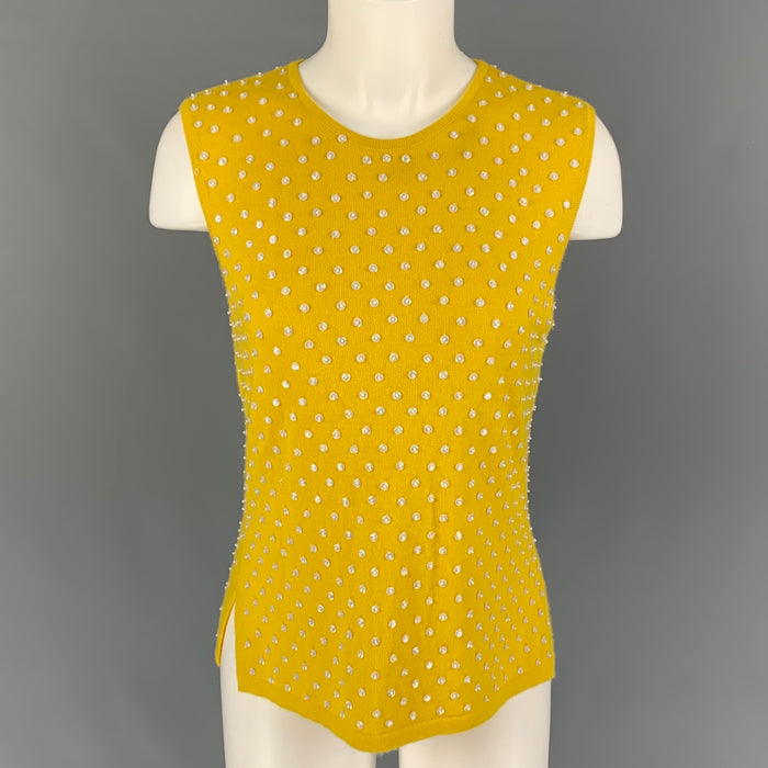 OSCAR DE LA RENTA Size M Yellow Cashmere Beaded Sleeveless Pullover