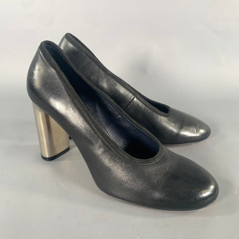 CELINE Size 7.5 Black Silver Leather Slip On Pumps
