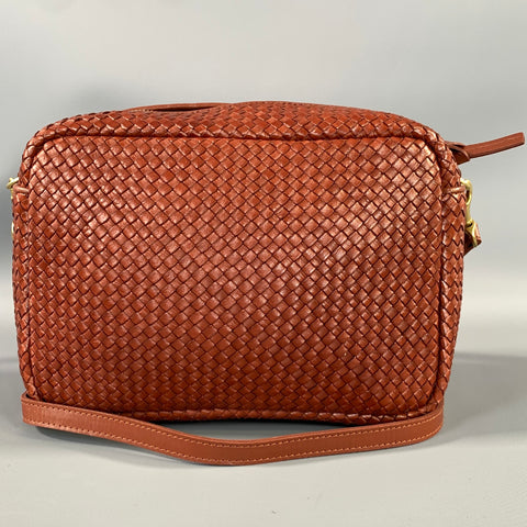 CLARE V. Brown Cognac Woven Leather Cross Body Bag