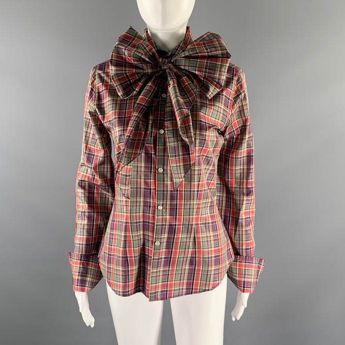 RALPH LAUREN Size 6 Purple Green Silk Plaid Dress Top