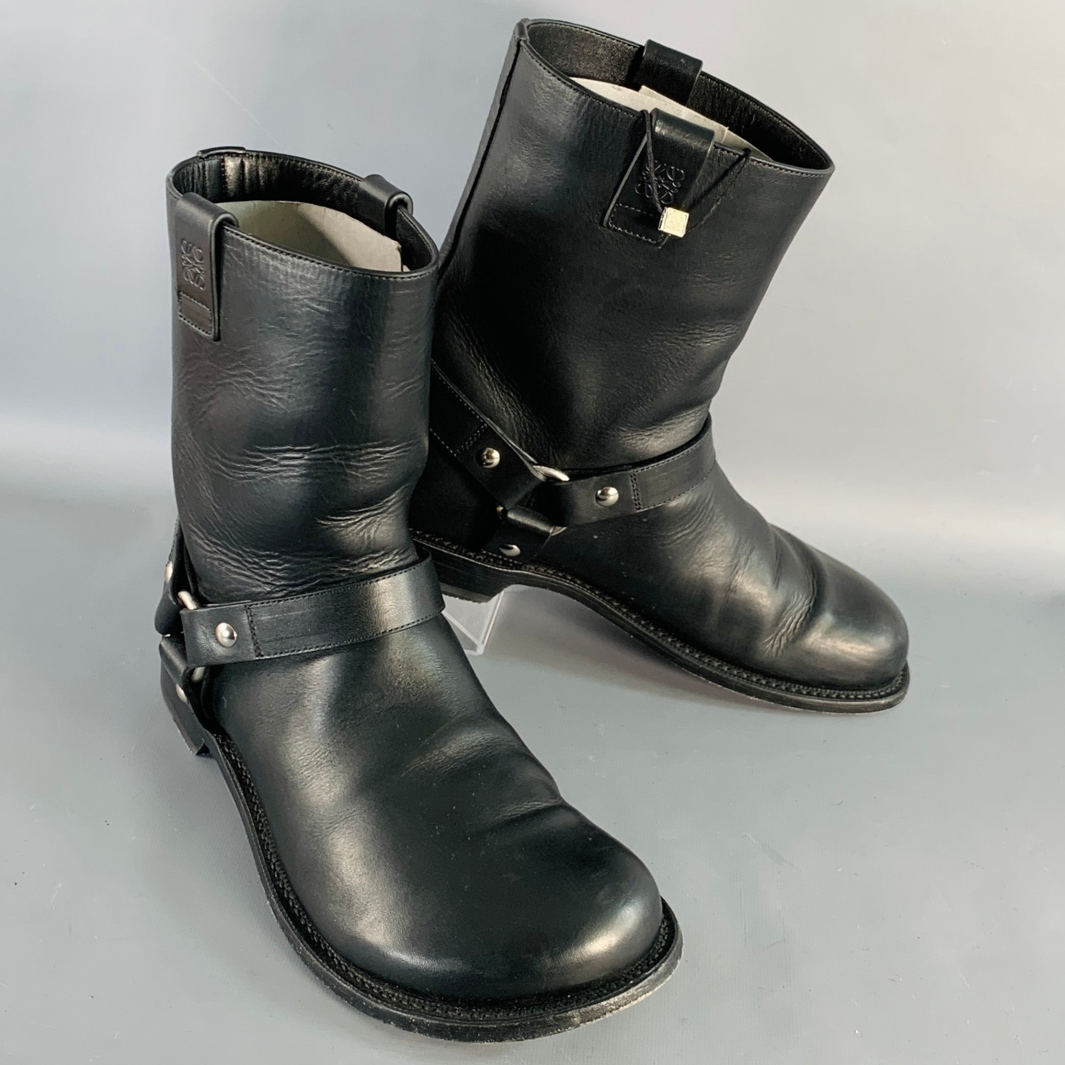 LOEWE Size 9 Black Leather Pull On Round Toe Harness Biker 