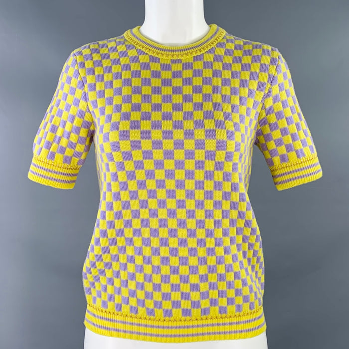 VERSACE Size S Yellow Lavender Wool Blend Checkered Crew Neck Casual Top