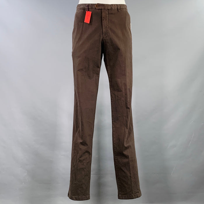 ISAIA Size 38 Brown Twill Cotton Blend Flat Front Casual Pants