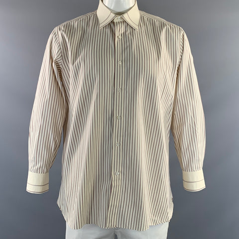 BRIONI Size XL Cream Red & Grey Stripe Cotton Button Up Long Sleeve Shirt
