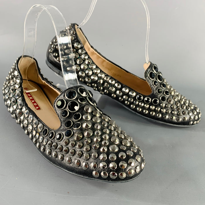 PRADA Size 7.5 Black Silver Leather Studded Slip On Loafers Flats