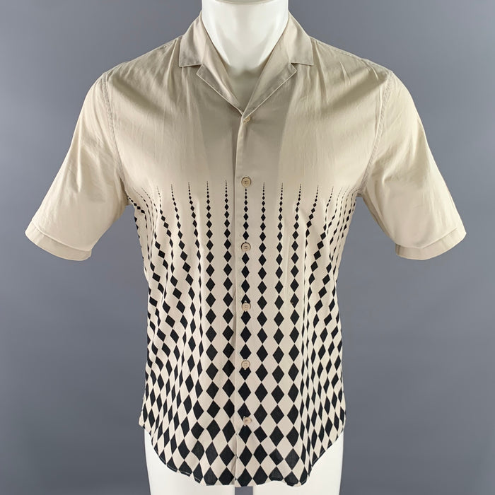 BOTTEGA VENETA Size S Khaki Black Checkered Cotton Camp Short Sleeve Shirt