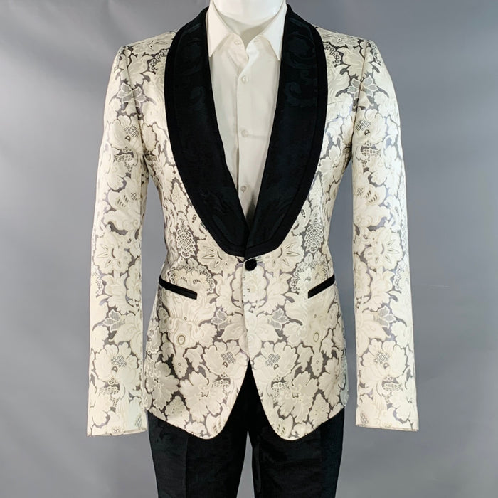 DOLCE & GABBANA MARTINI Size 38 Black Beige Jacquard Polyester Blend Shawl Lapel Suit