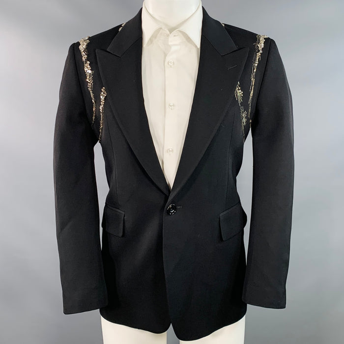 ALEXANDER MCQUEEN Size 38 Black Rhinestone Wool Peak Lapel Sport Coat