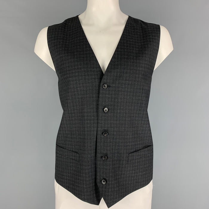 DOLCE & GABBANA Size 46 Charcoal Plaid Wool Buttoned Grey Vest
