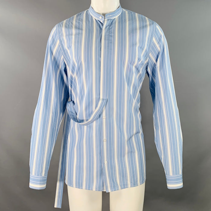 JIL SANDER Size M Giusy Blue White Stripe Cotton Collarless Long Sleeve Shirt