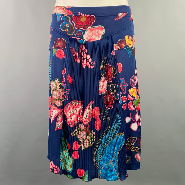 ETRO Size 6 Navy Multi Color Polyester Floral Pleated Skirt