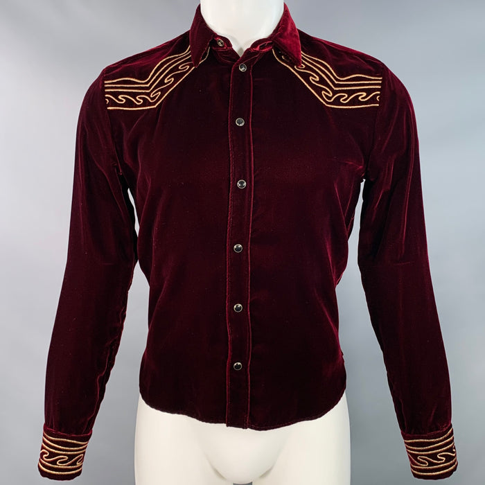 SAINT LAURENT AW18 Size M Burgundy Gold Embroidery Velvet Western Long Sleeve Shirt