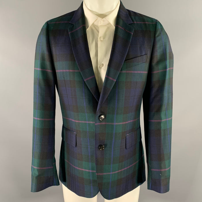 PAUL SMITH Size 40 Green Navy Tartan Wool Silk Notch Lapel Sport Coat