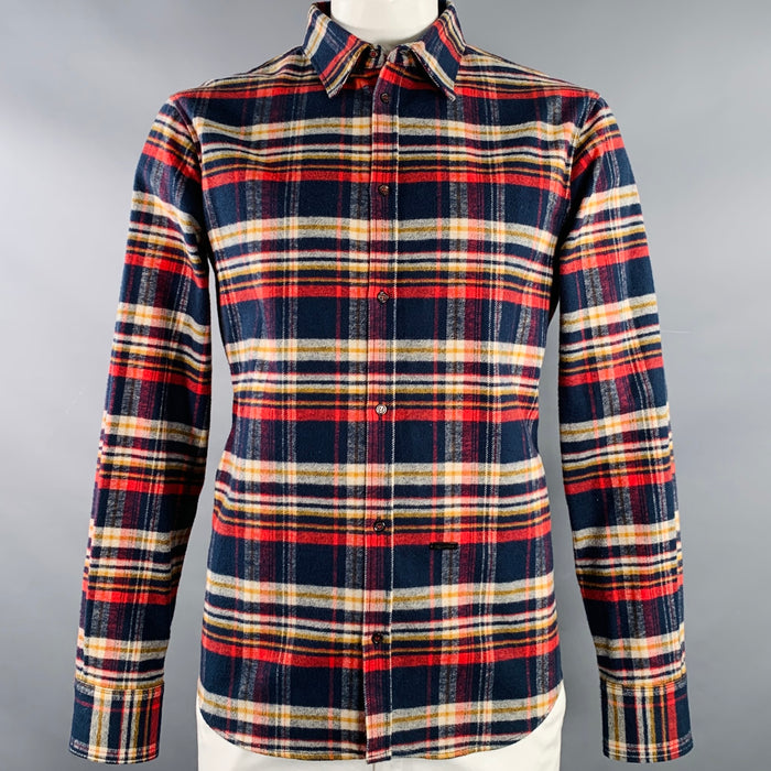 DSQUARED2 Size XL Navy Red Yellow Plaid Cotton Button Up Long Sleeve Shirt
