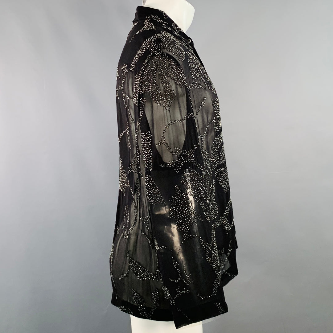 DRIES VAN NOTEN Size S Black Sheer Beaded Hibiscus Floral Viscose Long Sleeve Shirt