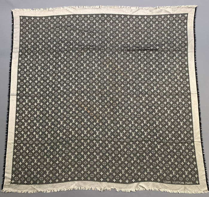 LOUIS VUITTON Silver Black Logo Silk Wool Scarf