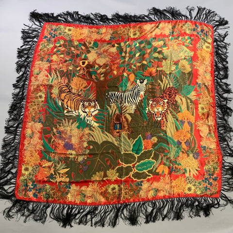 FERRAGAMO Red Black Floral Silk Shawl