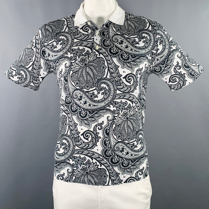 BRIONI Size XL Black White Paisley Cotton Blend Buttoned Polo