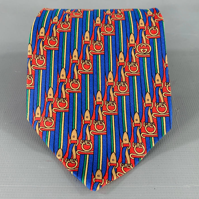 GUCCI Blue Red Equestrian Stripe Silk Tie