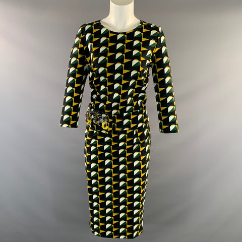 AZADEH Size M Black White Green & Yellow Polyester Blend Geometric Belted Dress