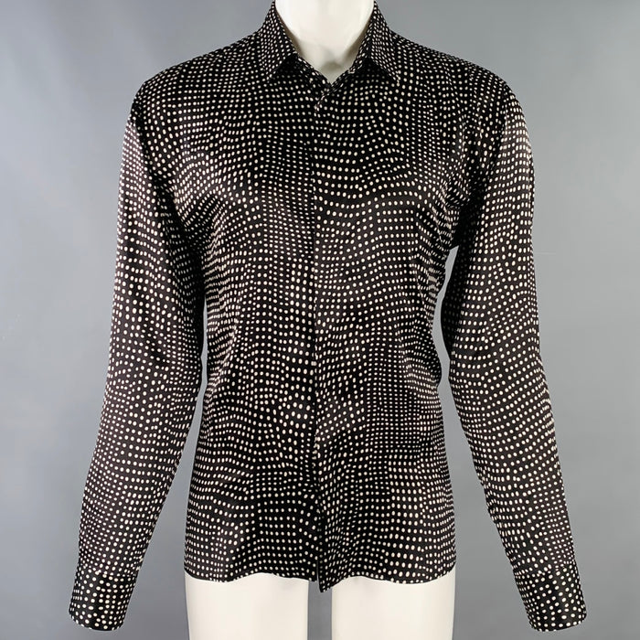 SAINT LAURENT Size M Black White Polka Dot Silk Hidden Buttons Long Sleeve Shirt
