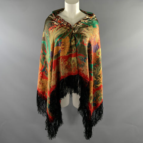 FERRAGAMO Red Black Floral Silk Shawl