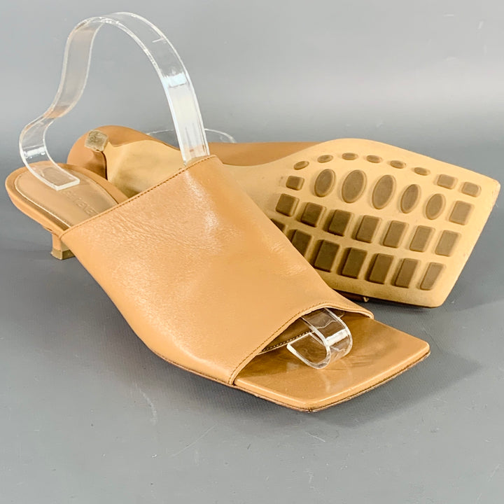 BOTTEGA VENETA Size 10 Tan Leather Square Toe Kitten Heel Mules Sandals