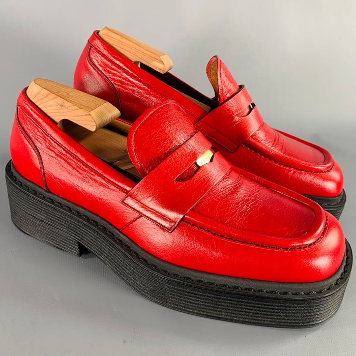 MARNI Size 7 Red Black Leather Platform Penny Loafers