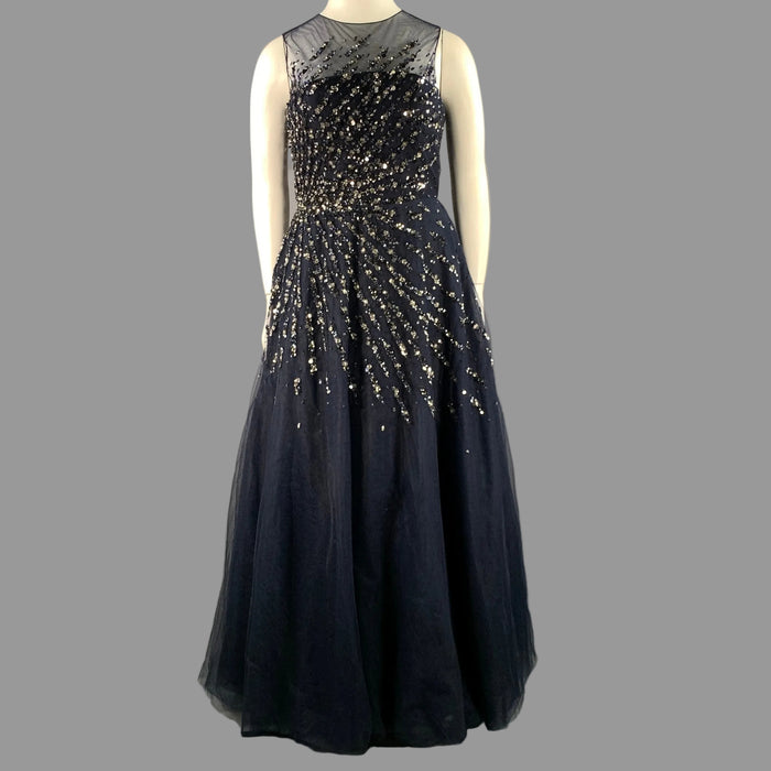 CAROLINA HERRERA Size 14 Navy Silver Nylon A-Line Long Gown