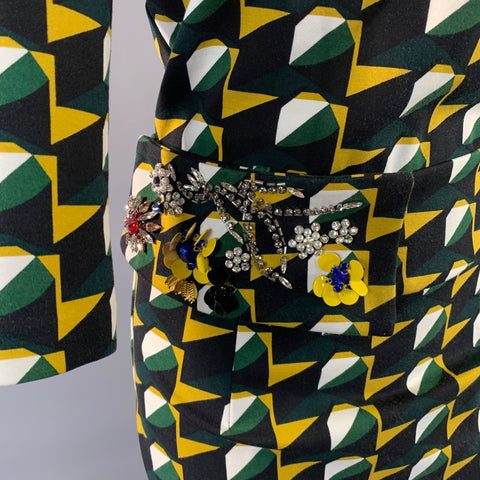 AZADEH Size M Black White Green & Yellow Polyester Blend Geometric Belted Dress