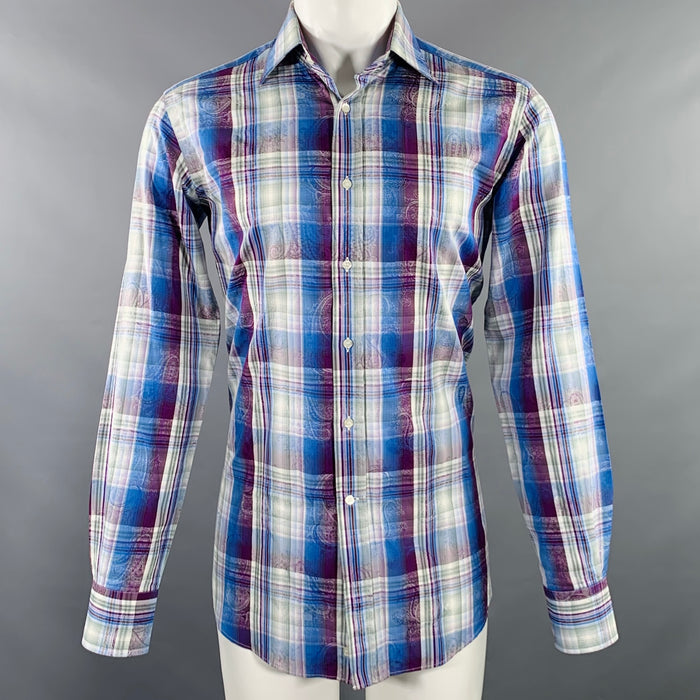 ETRO Size M Blue Purple Plaid Cotton Button Up Long Sleeve Shirt