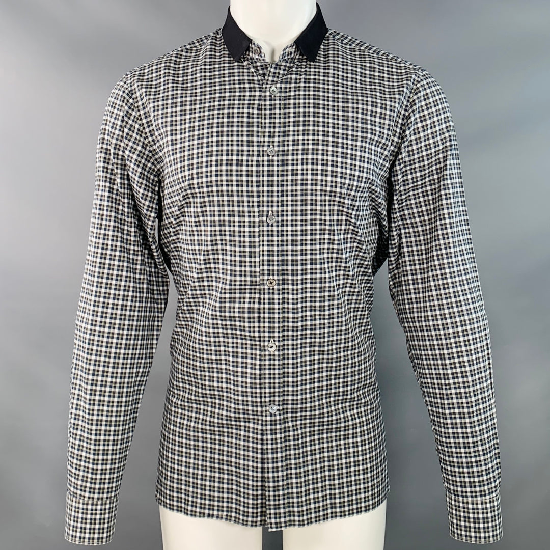 LANVIN Size M Navy Green White Plaid Cotton Contrast Collar Long Sleeve Shirt