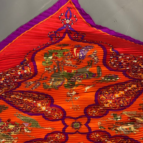 HERMES Orange Purple Pleated Silk Scarves