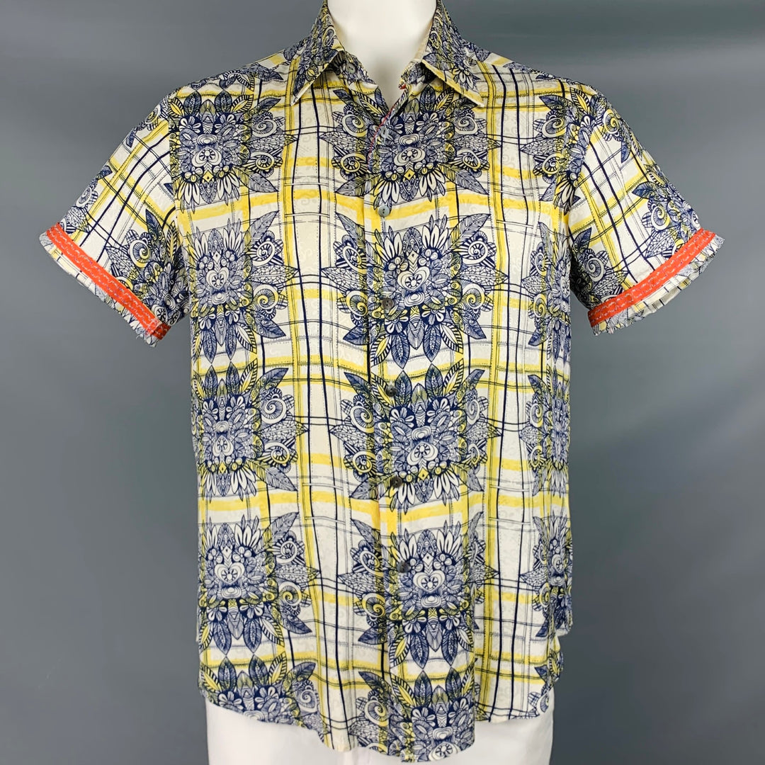 ROBERT GRAHAM Size L White Navy Yellow Print Silk Button Up Short Sleeve Shirt