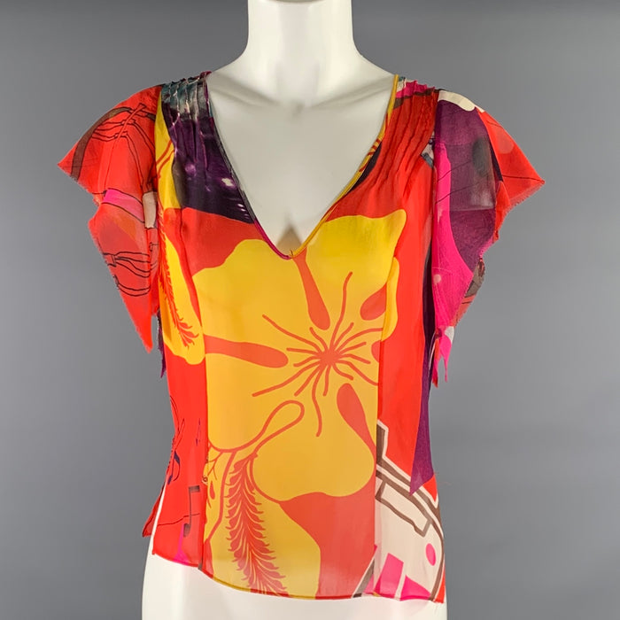 CHRISTIAN LACROIX Size S Red Yellow Silk Floral V-Neck Blouse