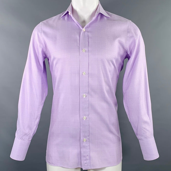 TOM FORD Size M White Purple Glenplaid Cotton Spread Collar Long Sleeve Shirt